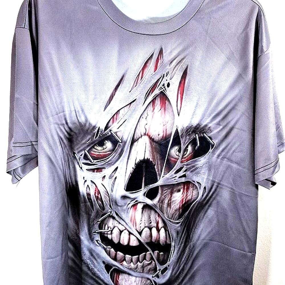 Graphic Skull T-Shirt Size 2XL Halloween 3-D Effect Double Sided Gray Black